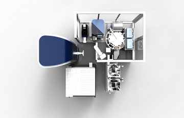 Overhead view of extended fully automated configuration of a MALDI sample prep workstation integrated to a Bruker rapifleX